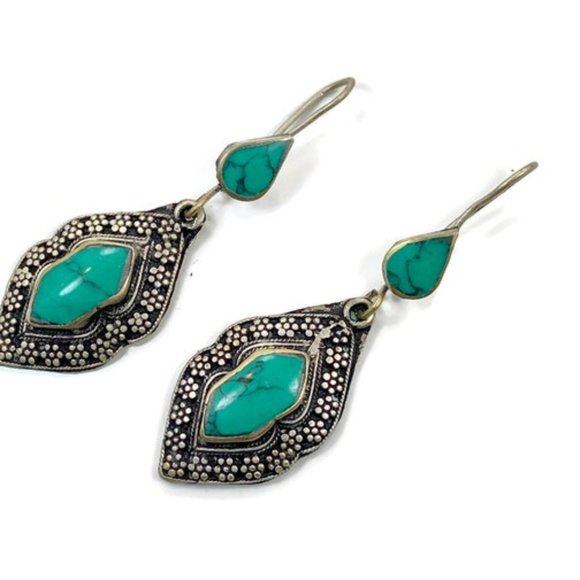Jewelry - Gypsy Earrings, Green Jasper, Boho, Vintage, Middle Eastern, Gypsy, Hippie